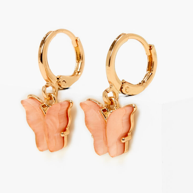 Gold 10MM Butterfly Huggie Hoop Earrings - Pink,