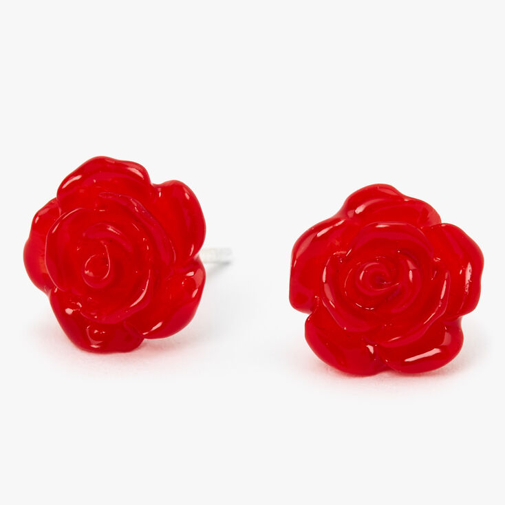 Clous d&#39;oreilles rose sculpt&eacute;e couleur argent&eacute;e - Rouge,