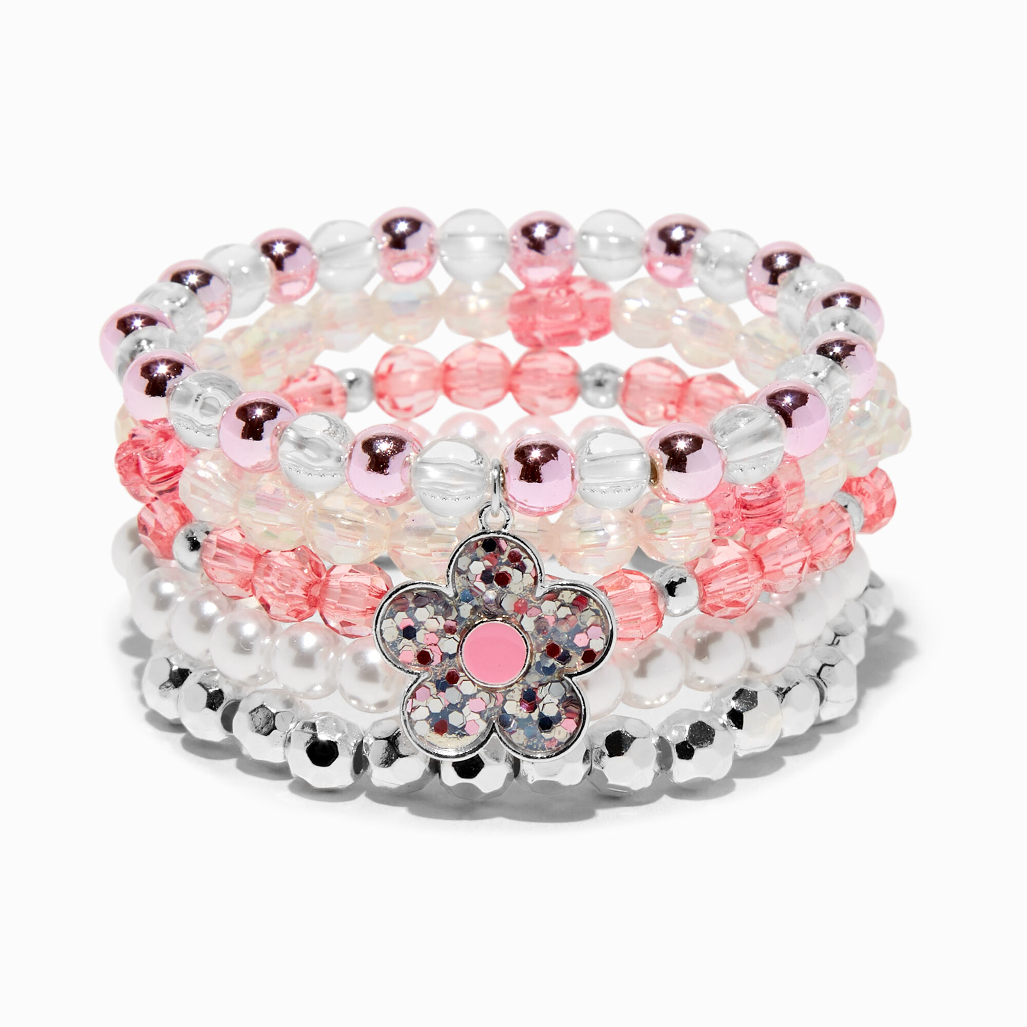 Pink Flower Beaded Stretch Bracelets - 5 Pack,