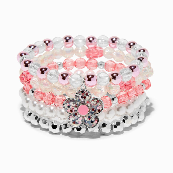 Pink Flower Beaded Stretch Bracelets - 5 Pack,