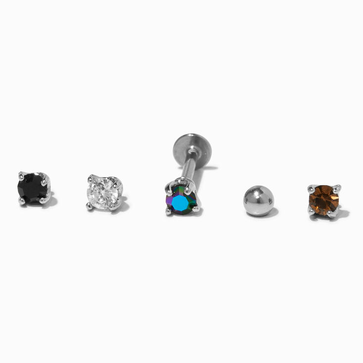 Stainless Steel Cubic Zirconia Changeable Flat Back 16G Tragus Earrings - 5 Pack,