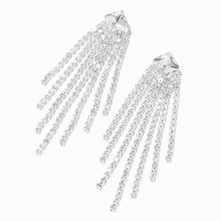 Silver Crystal 2.5&quot; Diamond Shaped Fringe Drop Earrings,