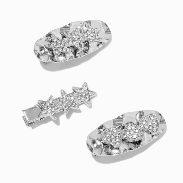 Silver-tone Hammered Star &amp; Hearts Hair Clips - 3 Pack,