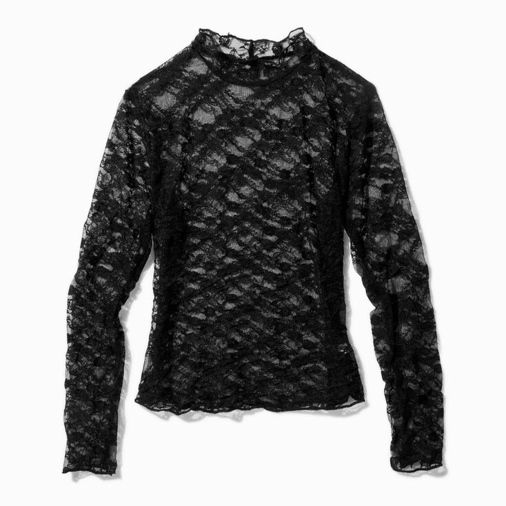 Black Lace Long-Sleeve Mock Neck Top,