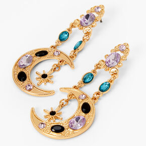 Gold 2&quot; Crescent Moon Star Drop Earrings - Purple,