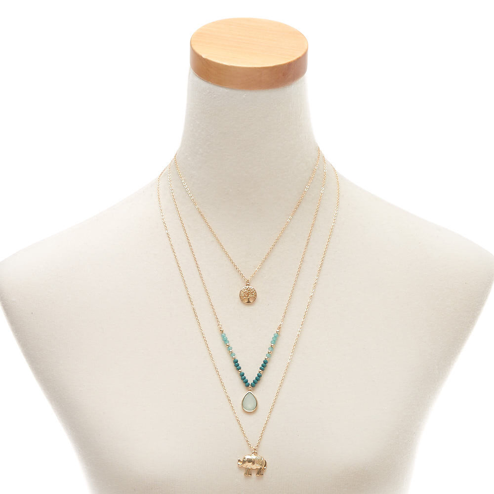 Gold Elephant Multi Strand Necklace - Teal,