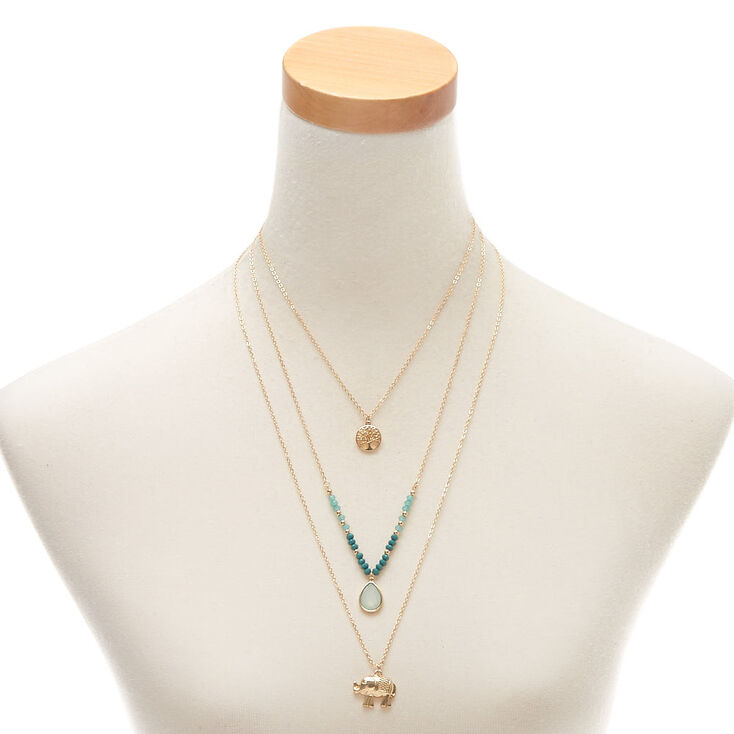 Gold Elephant Multi Strand Necklace - Teal,