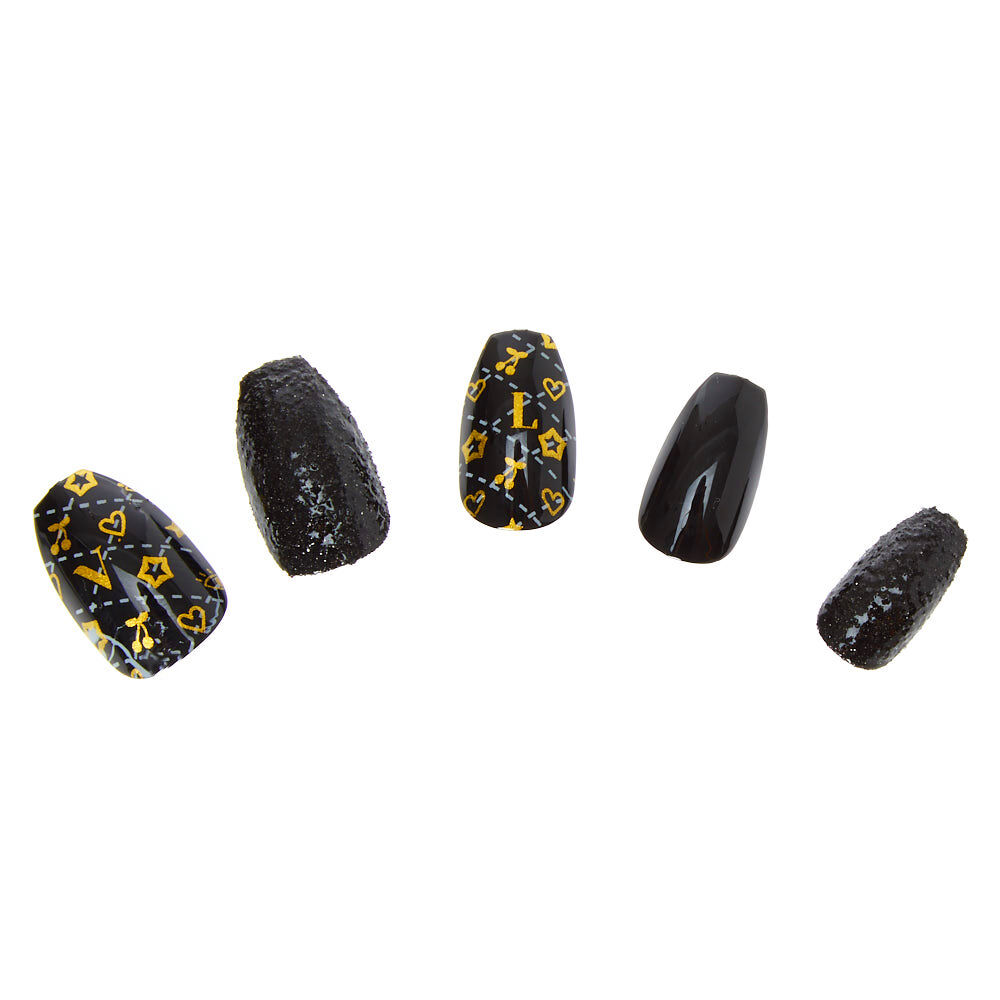 Love Status Icon Coffin Faux Nail Set - Black, 24 Pack,