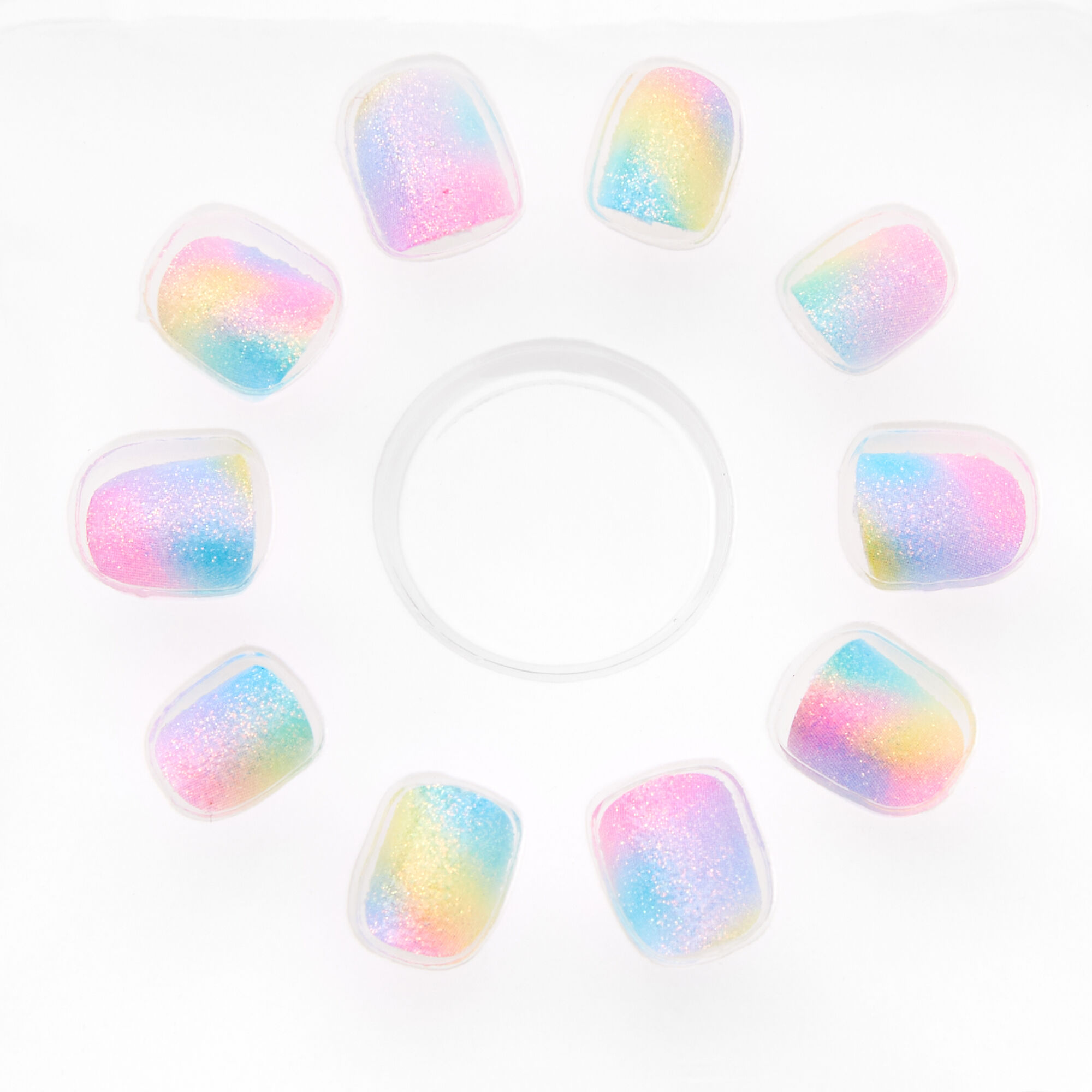 Claire's Club Glitter Rainbow Square Press On Faux Nail Set - 10 Pack,