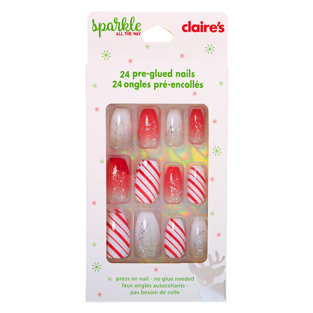 Candy Cane Coffin Press On Faux Nails - 24 Pack,