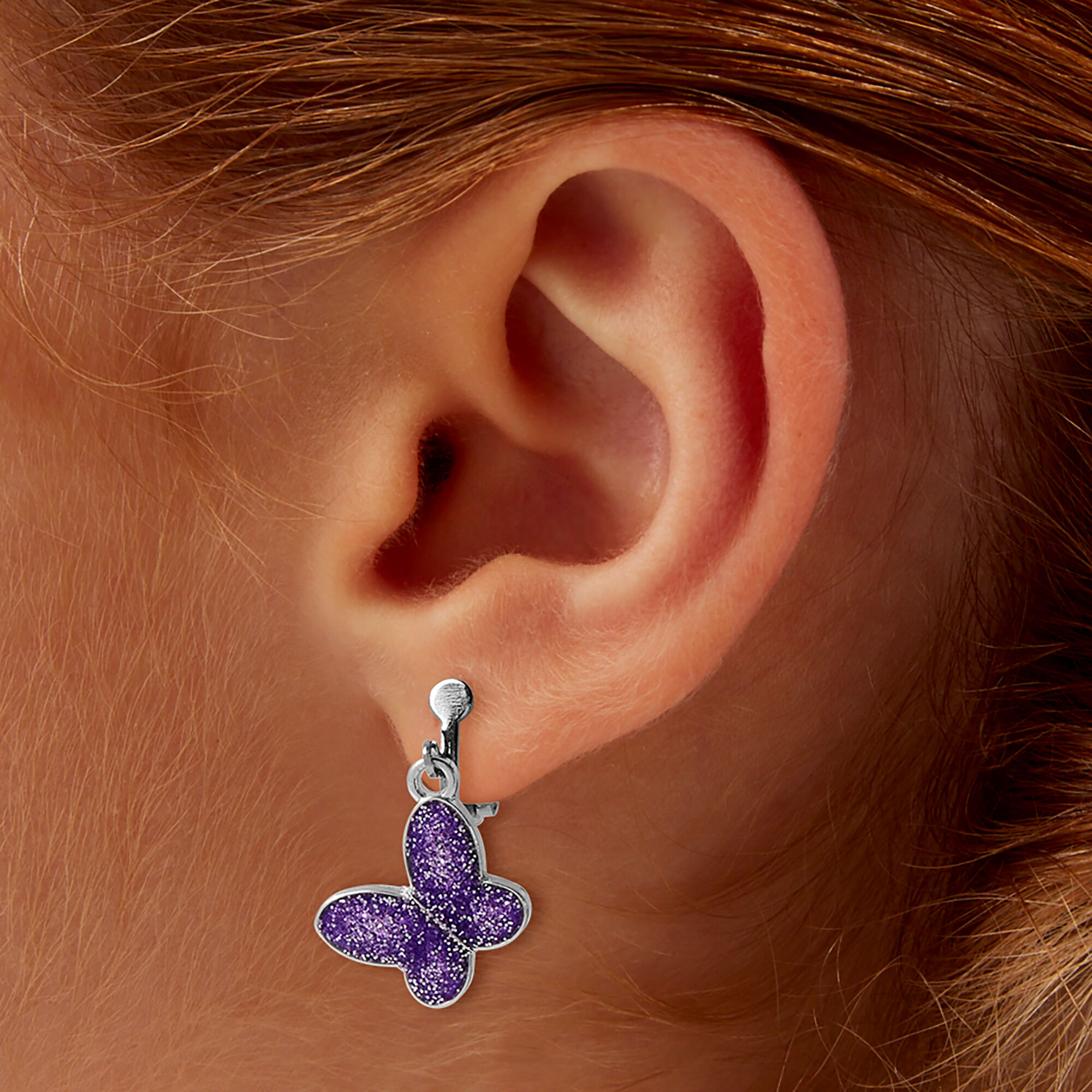 Purple Glitter Butterfly 1'' Clip-On Drop Earrings,