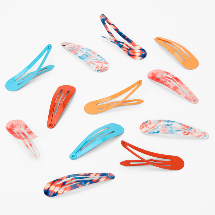 Blue and Orange Tie Dye Snap Hair Clips - 12 Pack,