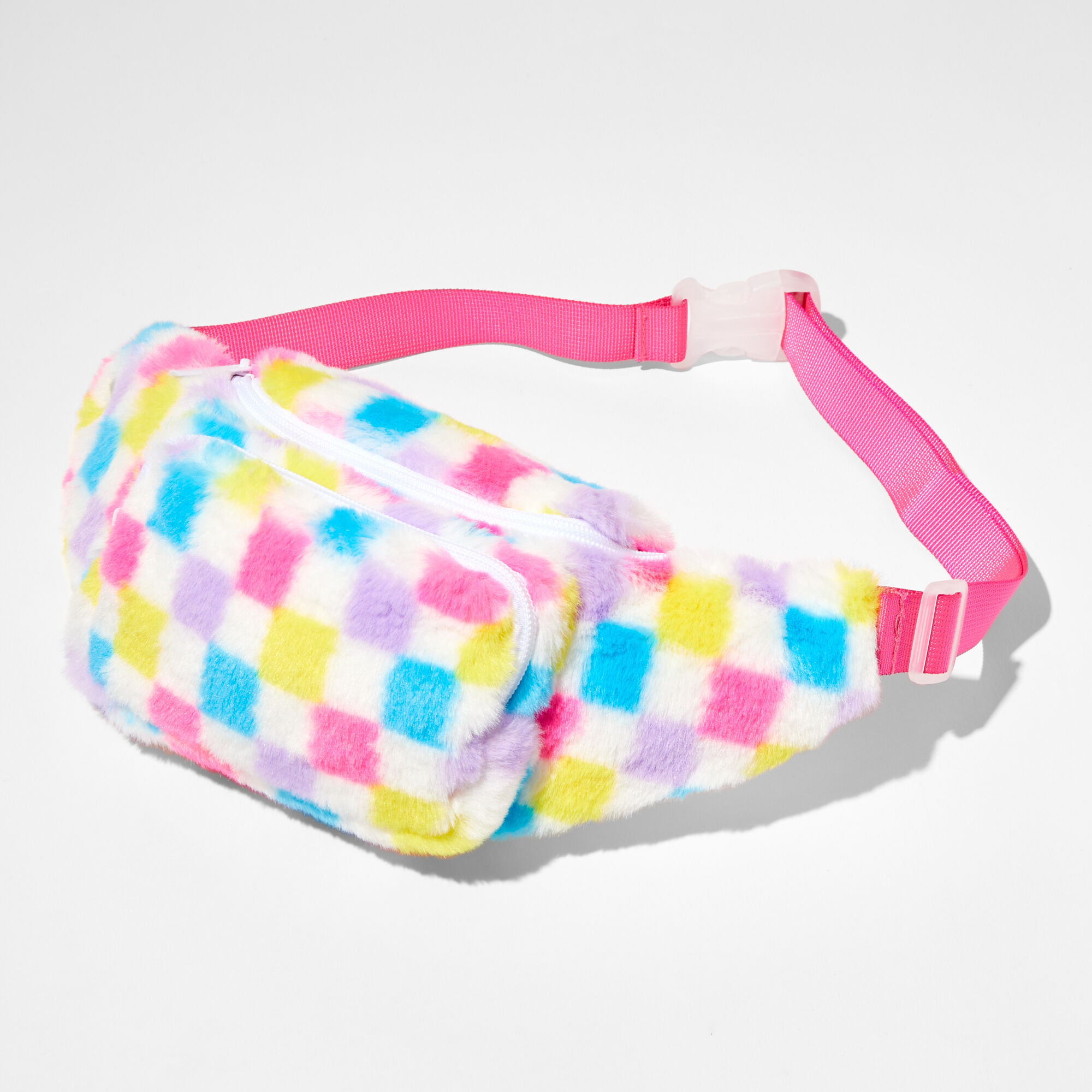 Claire's Sac banane en peluche à carreaux multicolores