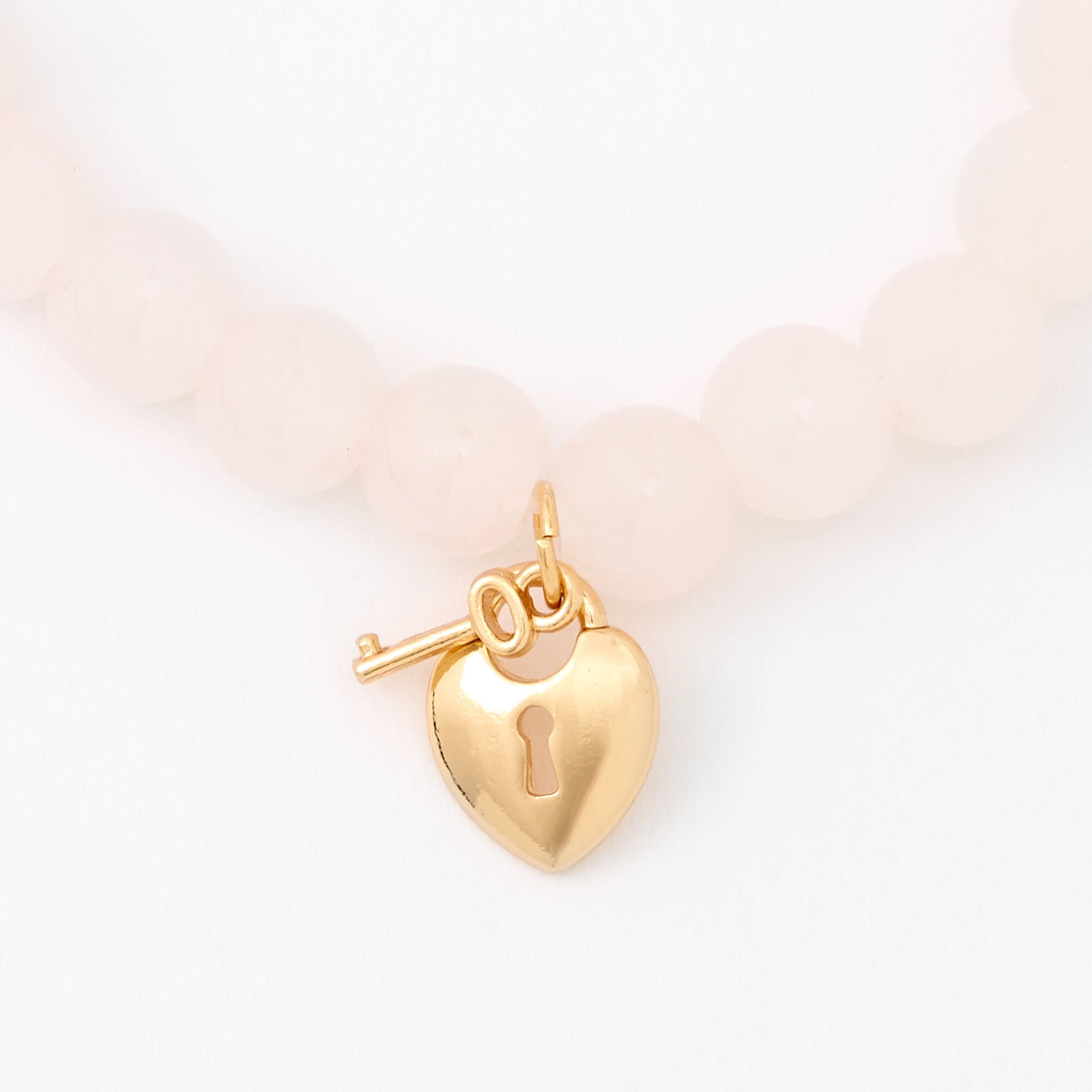 Gold Heart Lock & Key Blush Pink Beaded Stretch Bracelet,