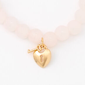 Gold Heart Lock &amp; Key Blush Pink Beaded Stretch Bracelet,