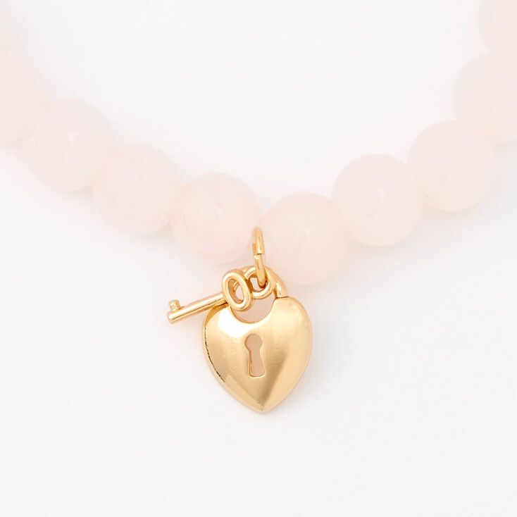 Gold Heart Lock &amp; Key Beaded Stretch Bracelet - Blush Pink,