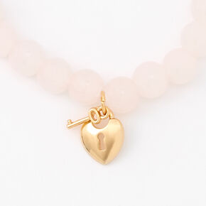 Gold Heart Lock &amp; Key Beaded Stretch Bracelet - Blush Pink,