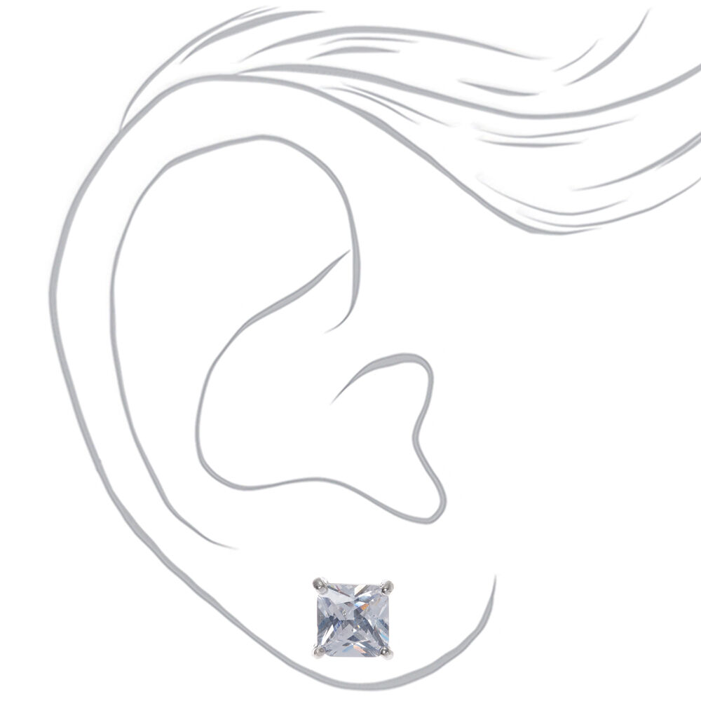 Silver Cubic Zirconia Square Stud Earrings - 8MM,