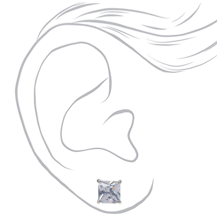 Silver Cubic Zirconia Square Stud Earrings - 8MM,