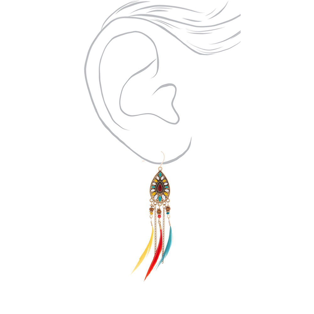 Gold 4" Beaded Feather Teardrop Drop Earrings,