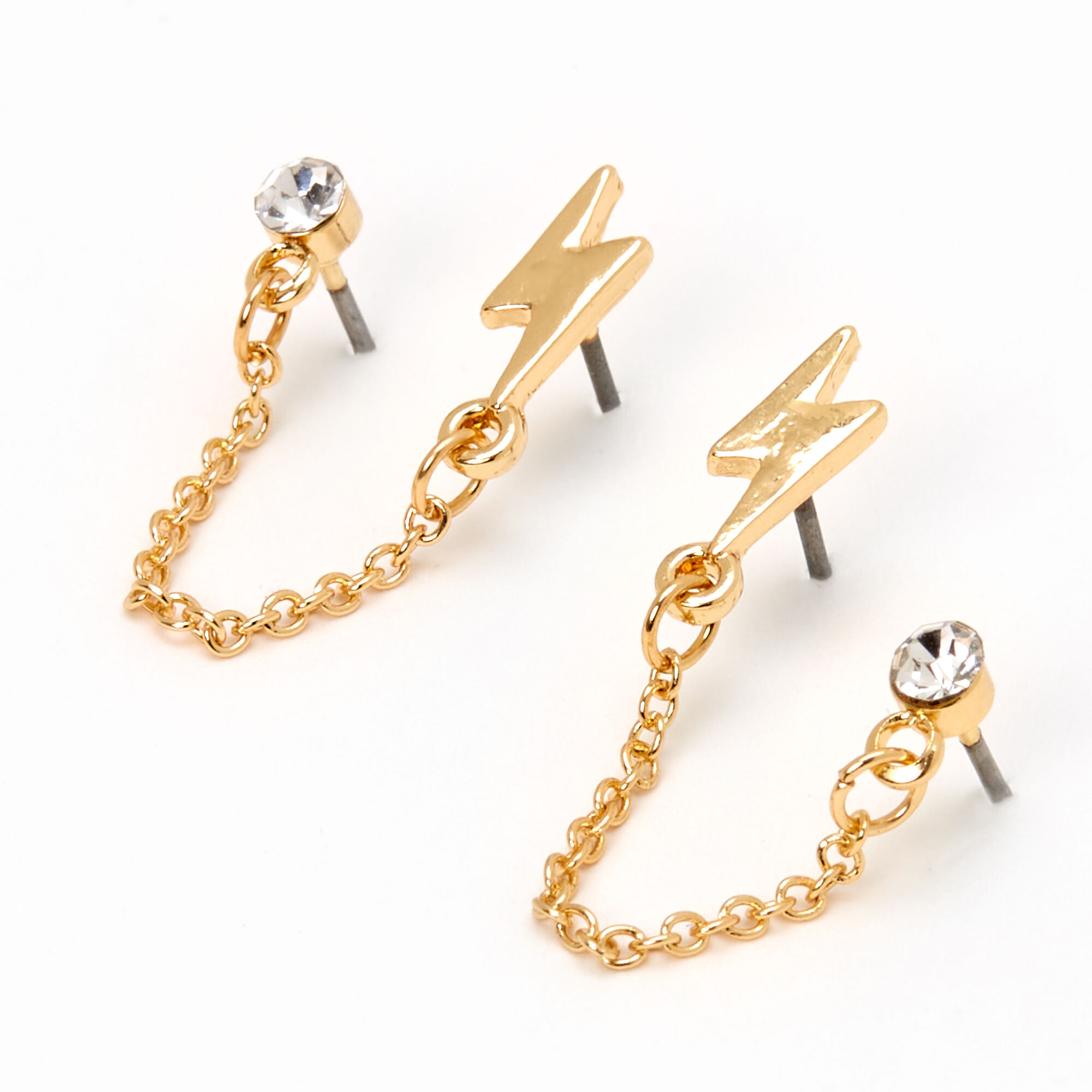 gold lightning bolt crystal connector chain stud earrings