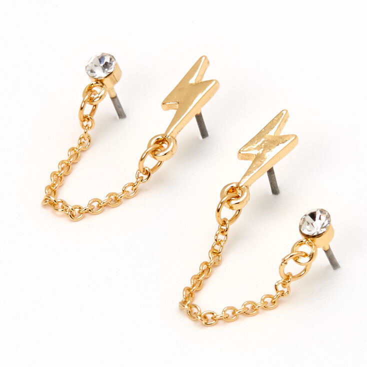 Gold Lightning Bolt Crystal Connector Chain Stud Earrings,