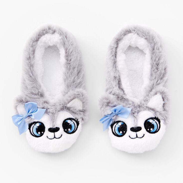 Gray Husky Dog Plush Youth Slippers - S/M,