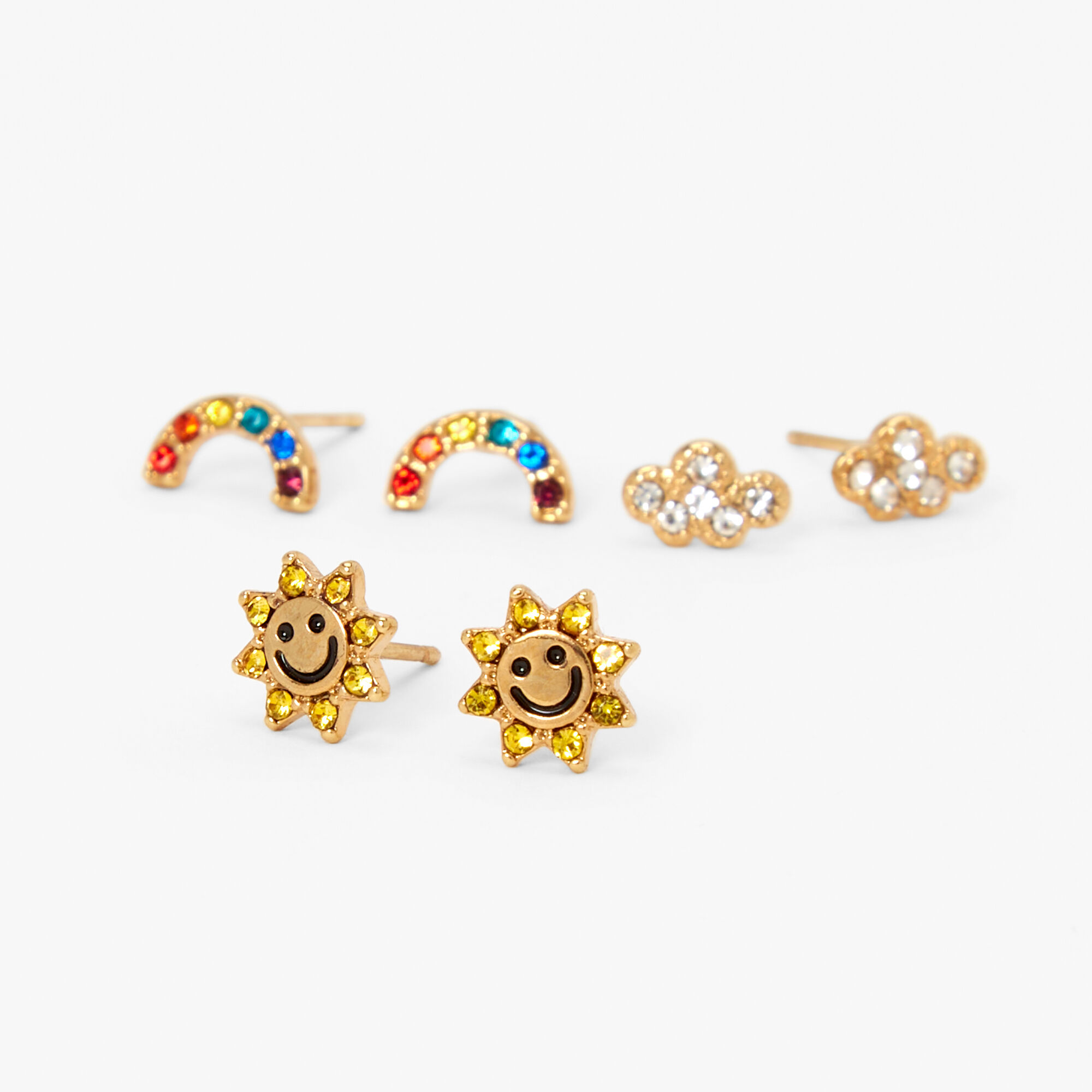 18ct Gold Plated Sun Rainbow Cloud Stud Earrings 3 Pack
