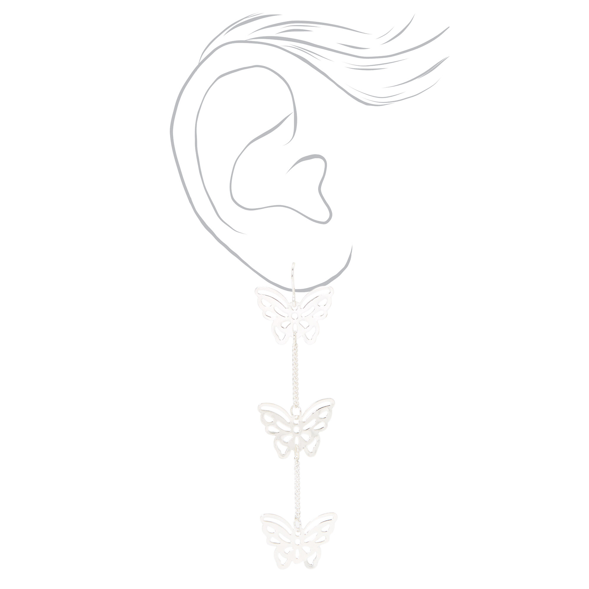 Silver 3" Triple Butterfly Linear Drop Earrings,