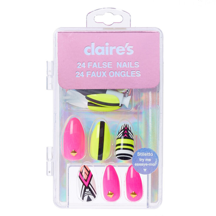Neon Aztec Stiletto False Nails Claire S