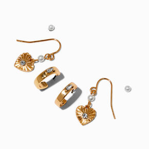 Gold-tone Pearl Ribbed Heart Drop Earring Stackables Set - 3 Pack,