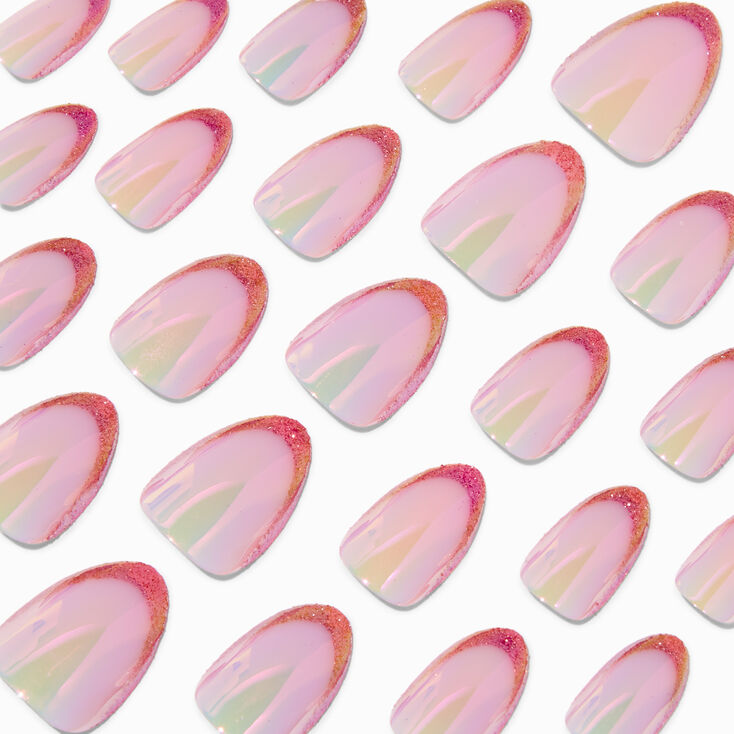 Pink Holographic Short Almond Vegan Faux Nail Set - 24 Pack,