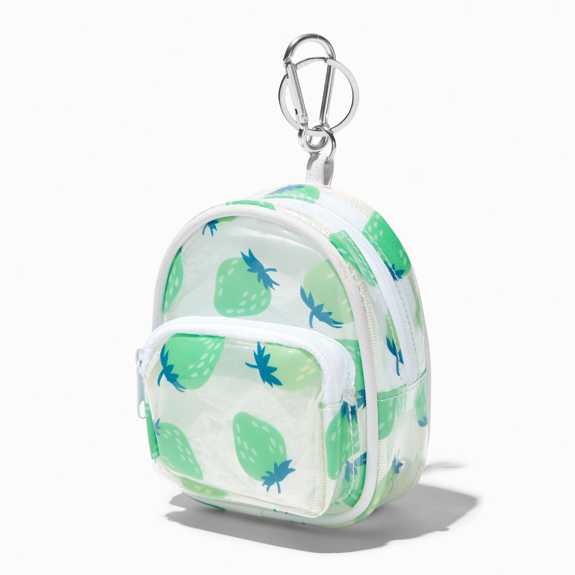 View Claires Strawberry Print Mini Backpack Keyring Green information