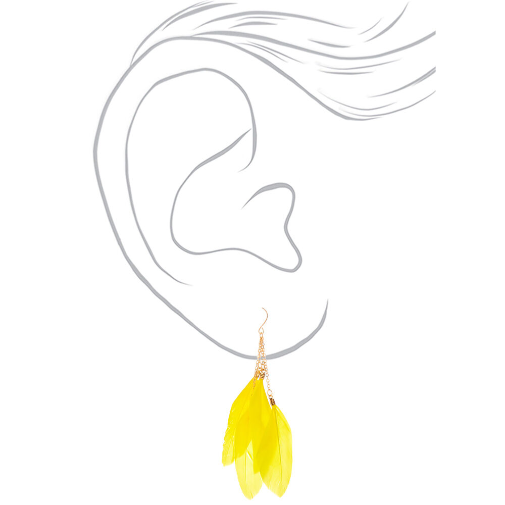 Gold 3.5" Feather Drop Earrings - Yellow,