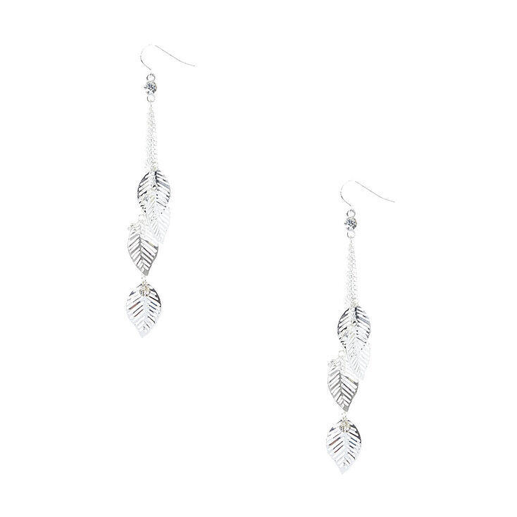 Silver 4&quot; Falling Leaves Chain Drop Earrings,