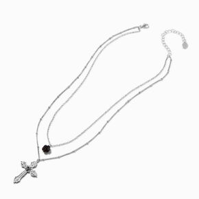 Collier multi-rangs croix et rose sculpt&eacute;e couleur argent&eacute;e,