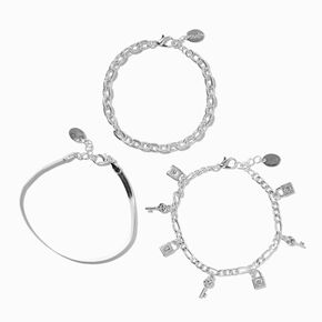 Silver-tone Lock &amp; Key Snake Chain Bracelets - 3 Pack,