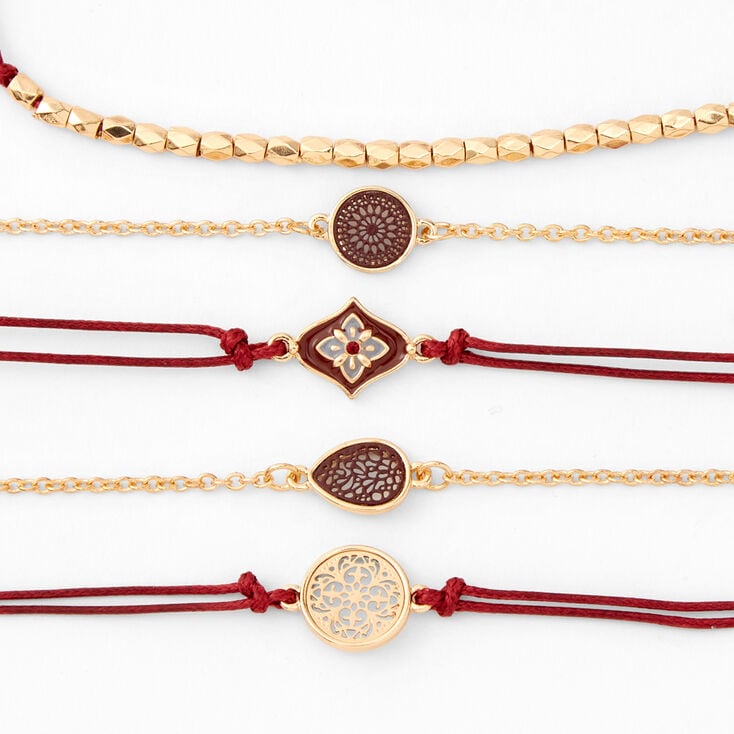 Gold Mixed Bracelets - 5 Pack, Burgundy,