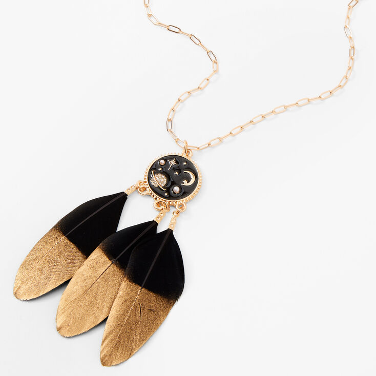 Gold Dipped Feather Celestial Pendant Necklace - Black,