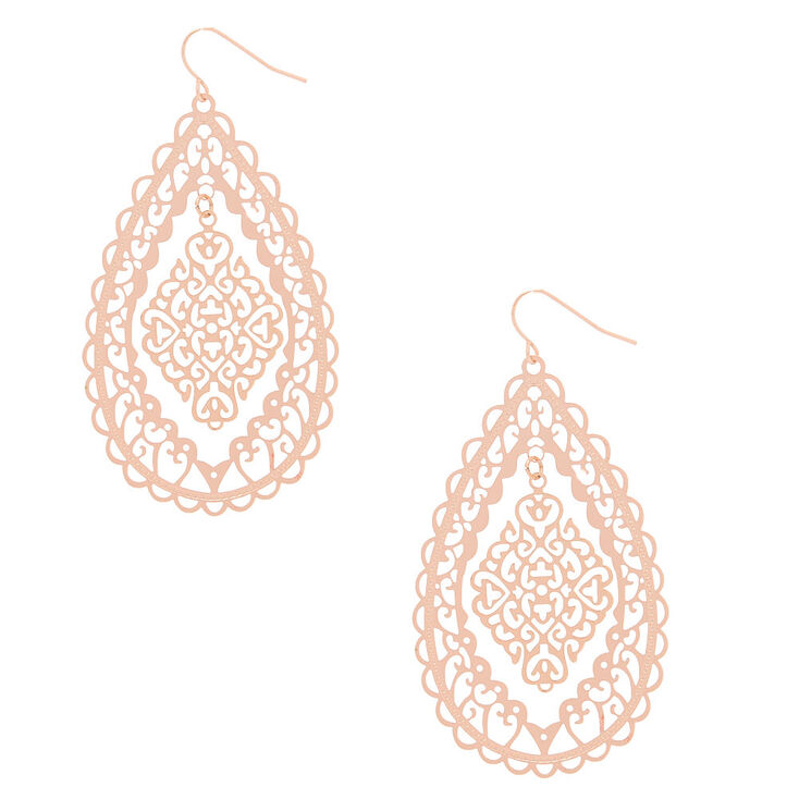 Rose Gold 2 5 Filigree Drop Earrings Claire S Rose Gold 2 5 Filigree Drop Earrings