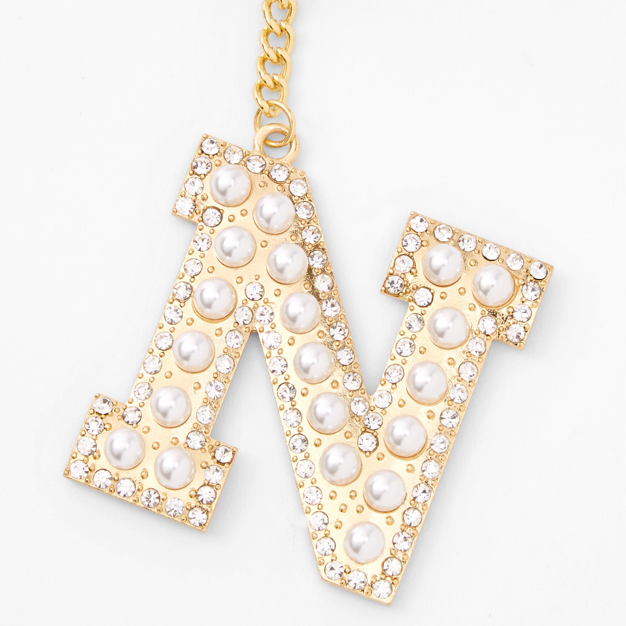 Gold Bling Initial Pom Pom Keyring - White, N,