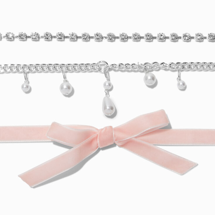 Pink Bow &amp; Pearl Choker Necklaces - 3 Pack,