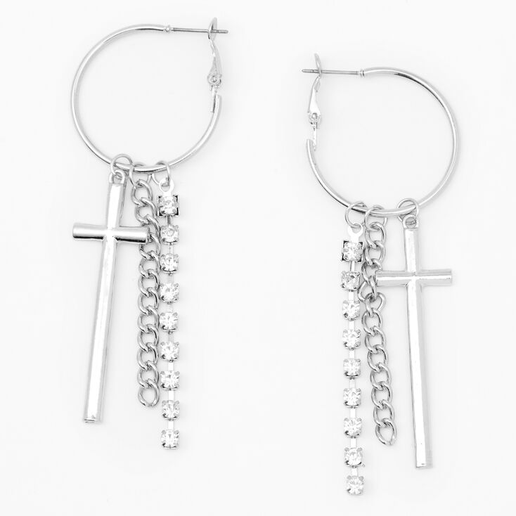 Silver 3.5&quot; Rhinestone Cross Triple Chain Hoop Drop Earrings,
