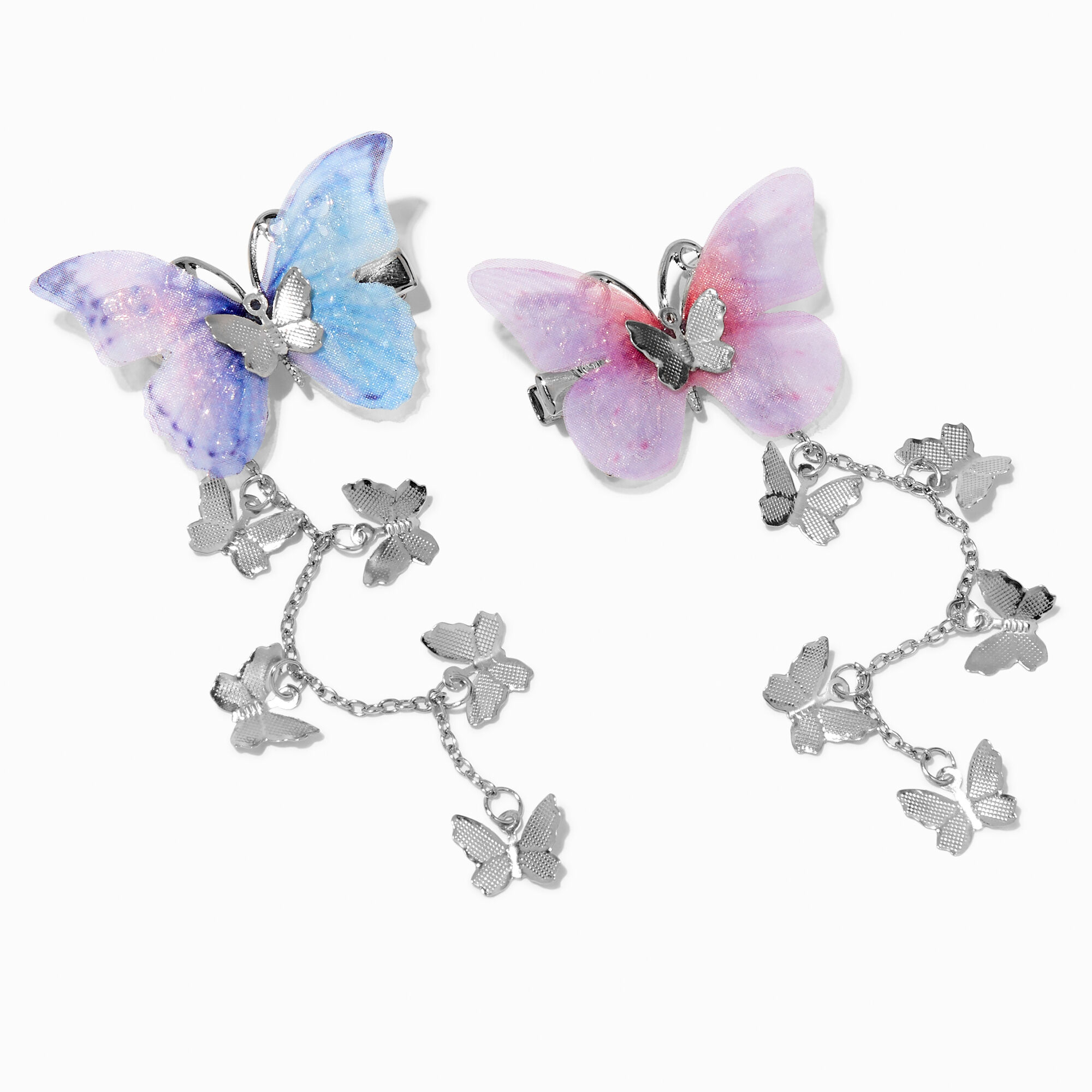 View Claires SilverTone Pastel Butterfly Dangle Hair Clips 2 Pack Blue information