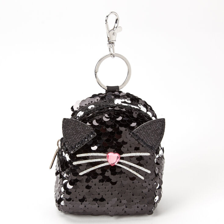 Porte-cl&eacute;s mini sac &agrave; dos chat &agrave; sequins - Noir,