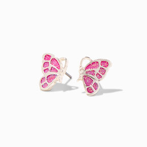 Silver-tone UV Color-Changing Glitter Butterfly Stud Earrings,