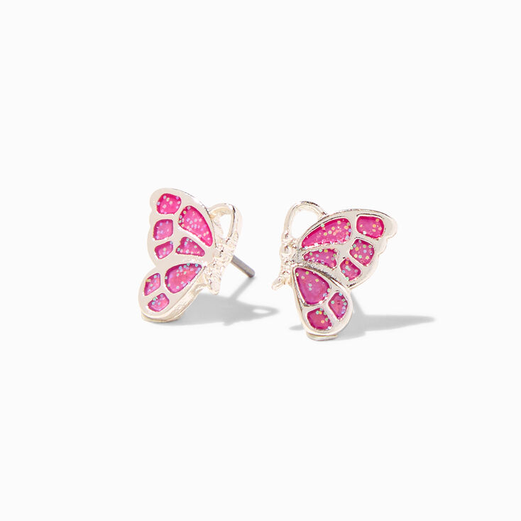Silver UV Color-Changing Glitter Butterfly Stud Earrings