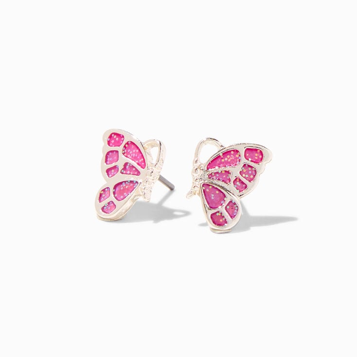 Silver UV Color-Changing Glitter Butterfly Stud Earrings,