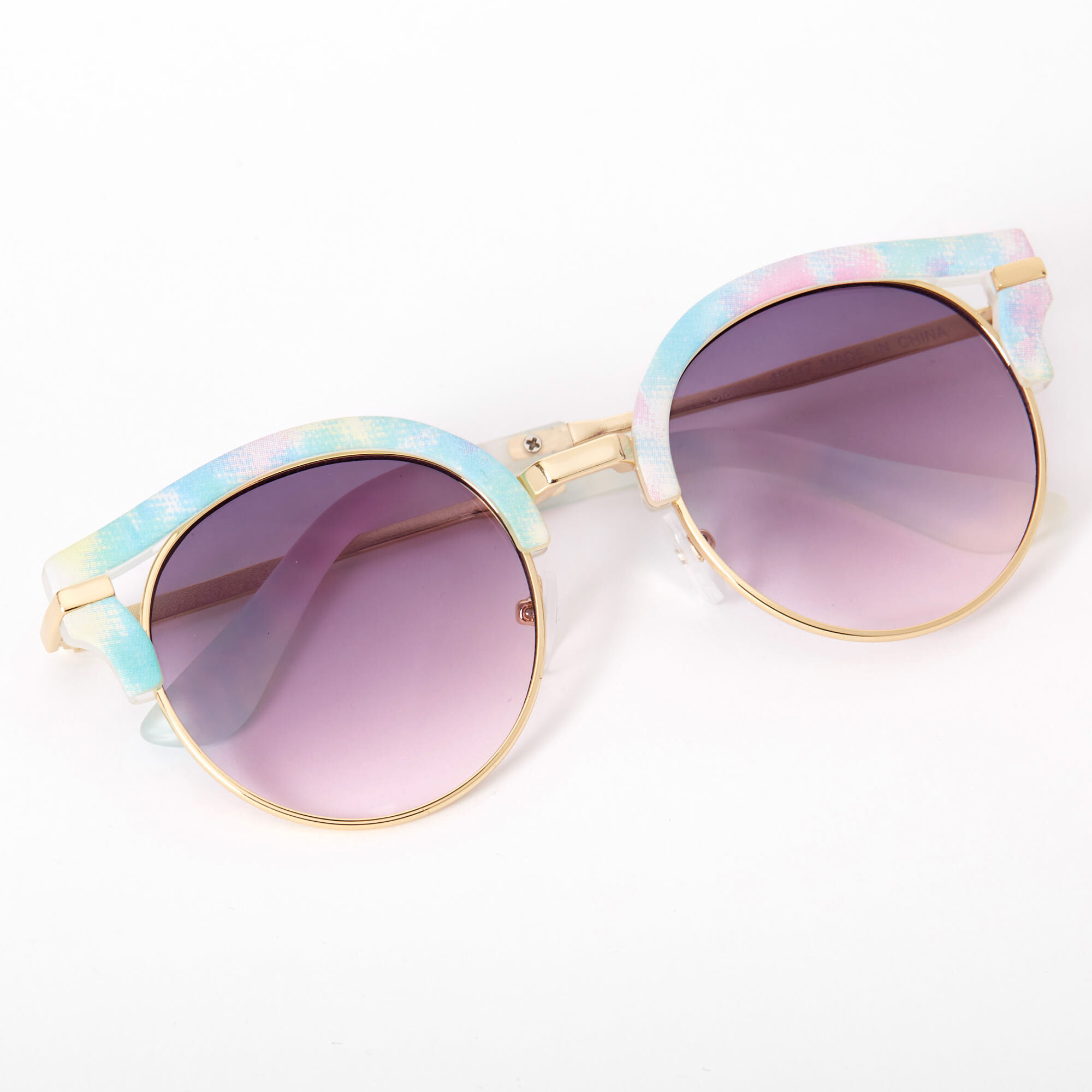 Etched Tie Dye Round Browline Sunglasses - Turquoise,