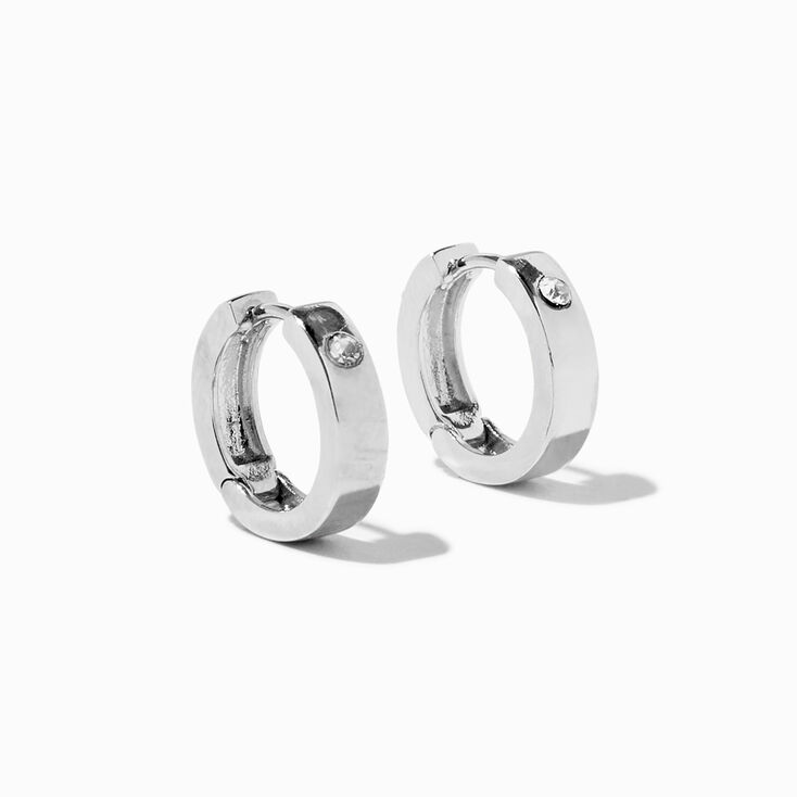 Silver Rhodium15MM Embellished Huggie Hoop Earrings,